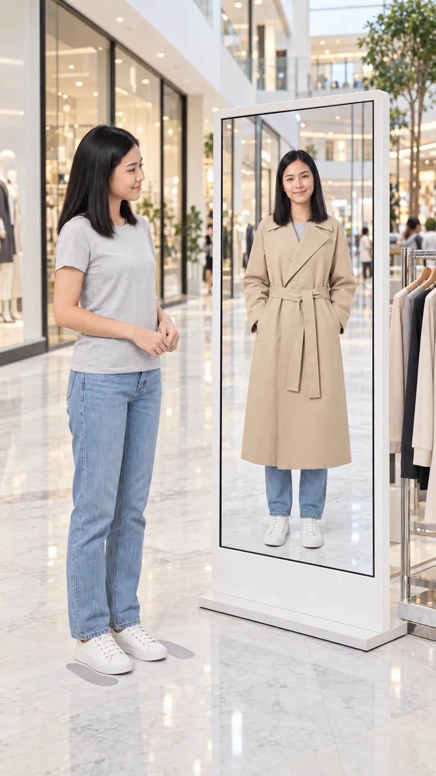 A shopper in a mall stands on floor footprints next to a mirror screen that shows her in a long belted trench coat