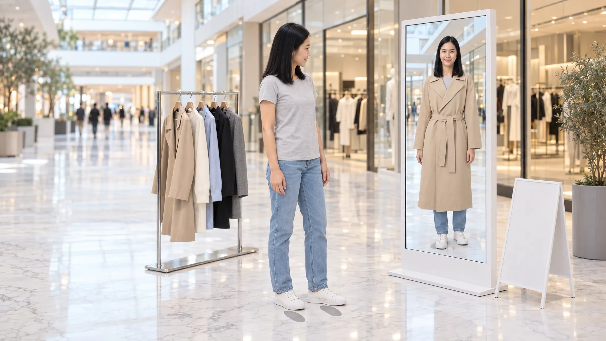 A try-on zone in a mall with a mirror screen, a clothing rail and floor footprints
